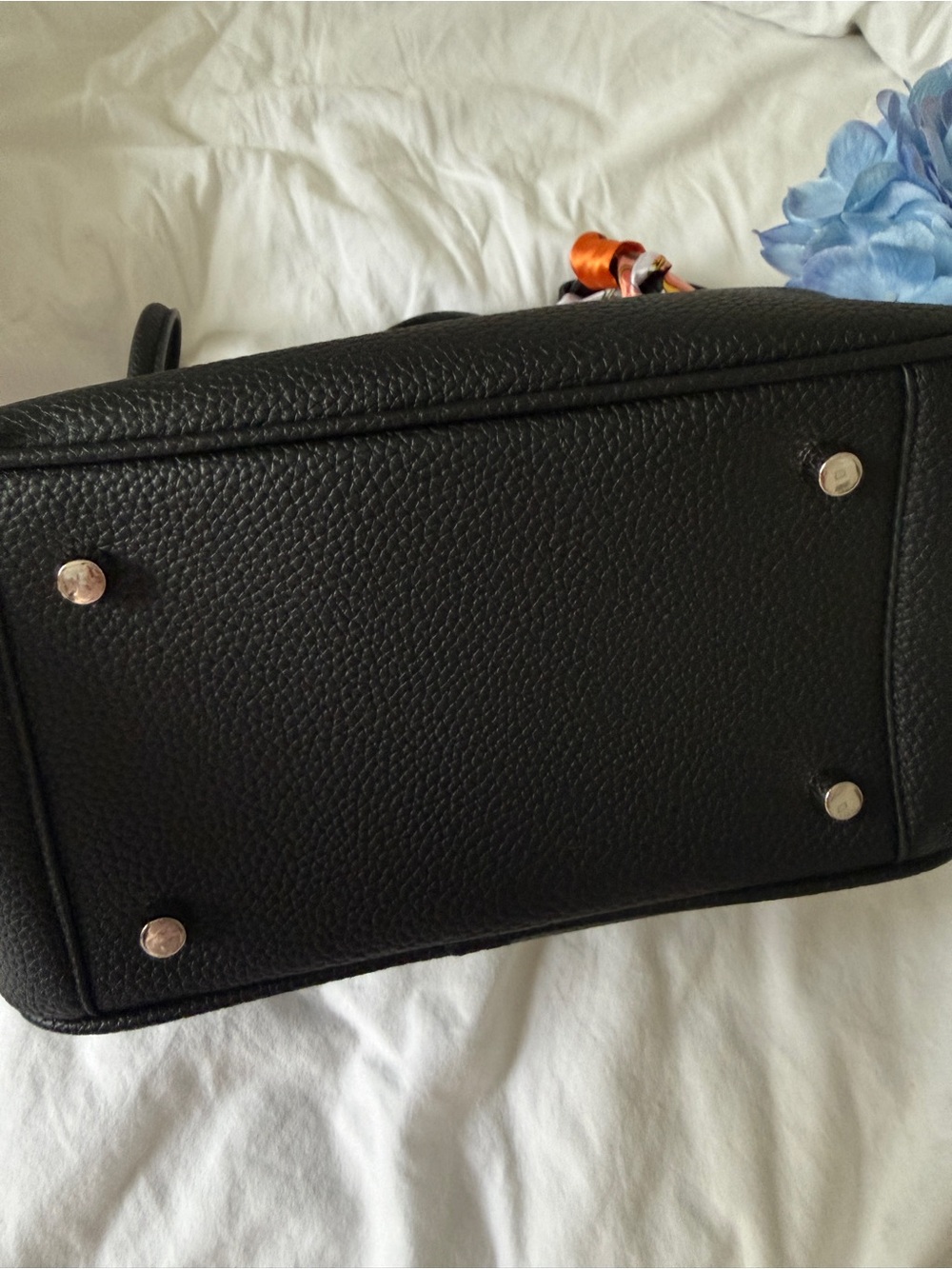 Black Pebbled Leather Shoulder Bag with Orange Accent Scarf - Picture 3 of 7
